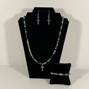 Jewelry Set (Necklace, Bracelet, and Earrings) Silver Cross Green Beads NWT